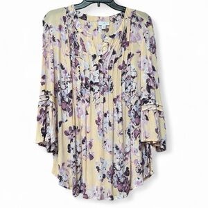 J.Jill Peach Bell 3/4 Sleeves Crinkle Fabric Pintuck Front Button Boho Floral